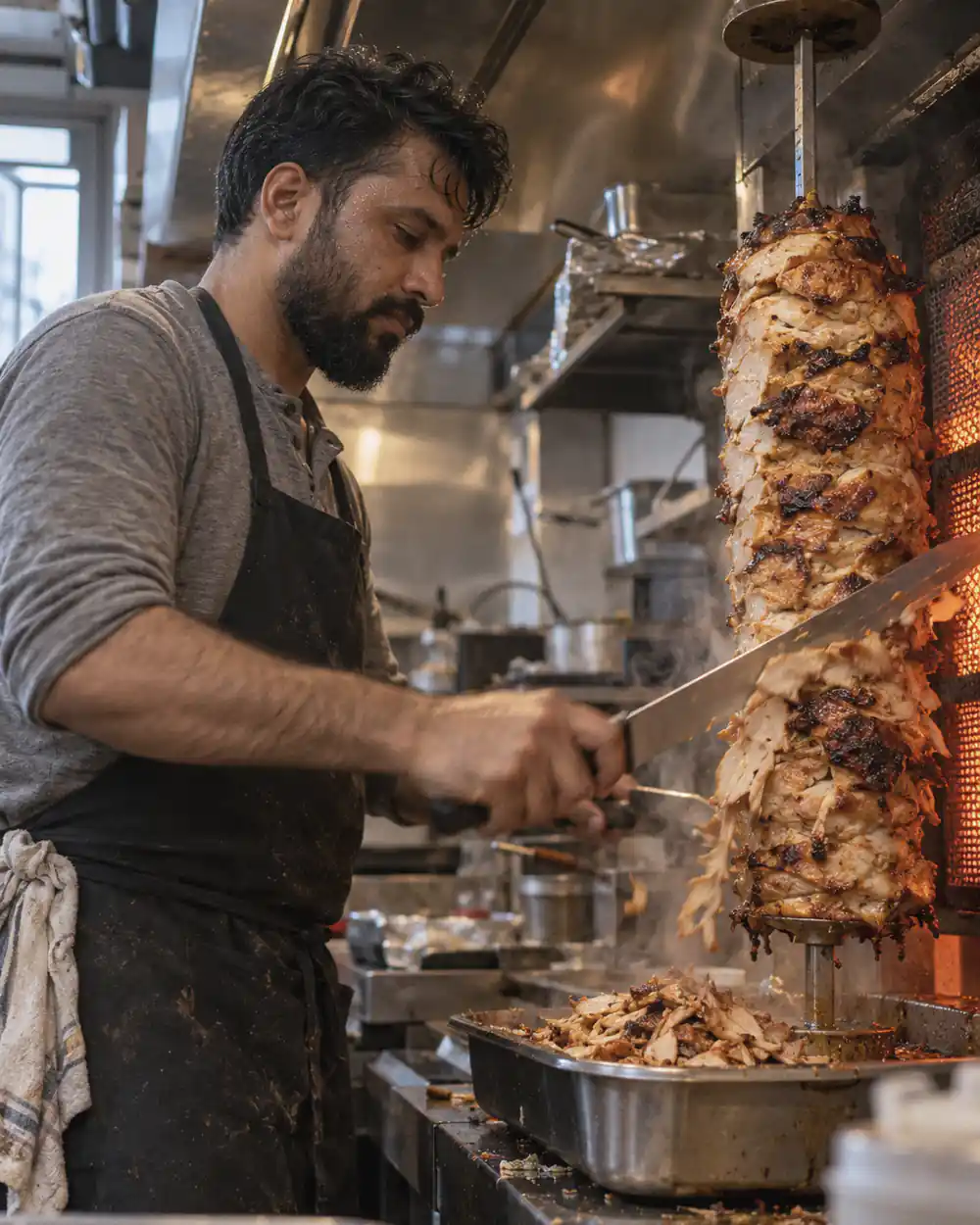 A halal grill owner carving chicken from the shawarma spit