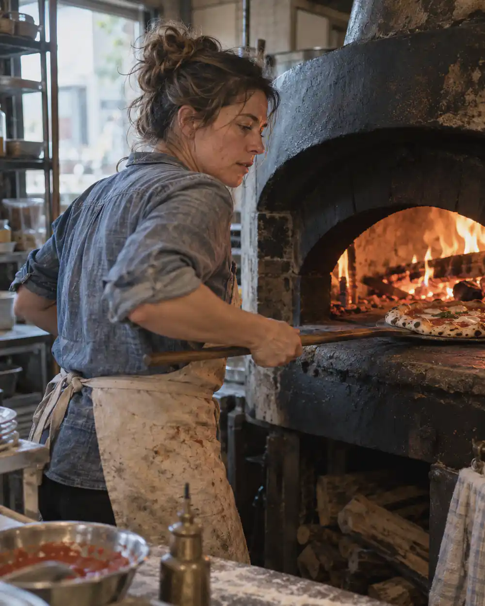 A pizzeria owner sliding a pizza into the wood-fired oven