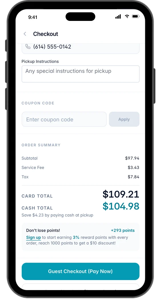 Checkout on a phone: $109.21 by card or $104.98 cash, and +293 loyalty points
